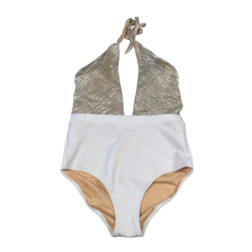 ALLIHOP Metallic Gold Pleated & White Waffle Halter One Piece Swimsuit Medium